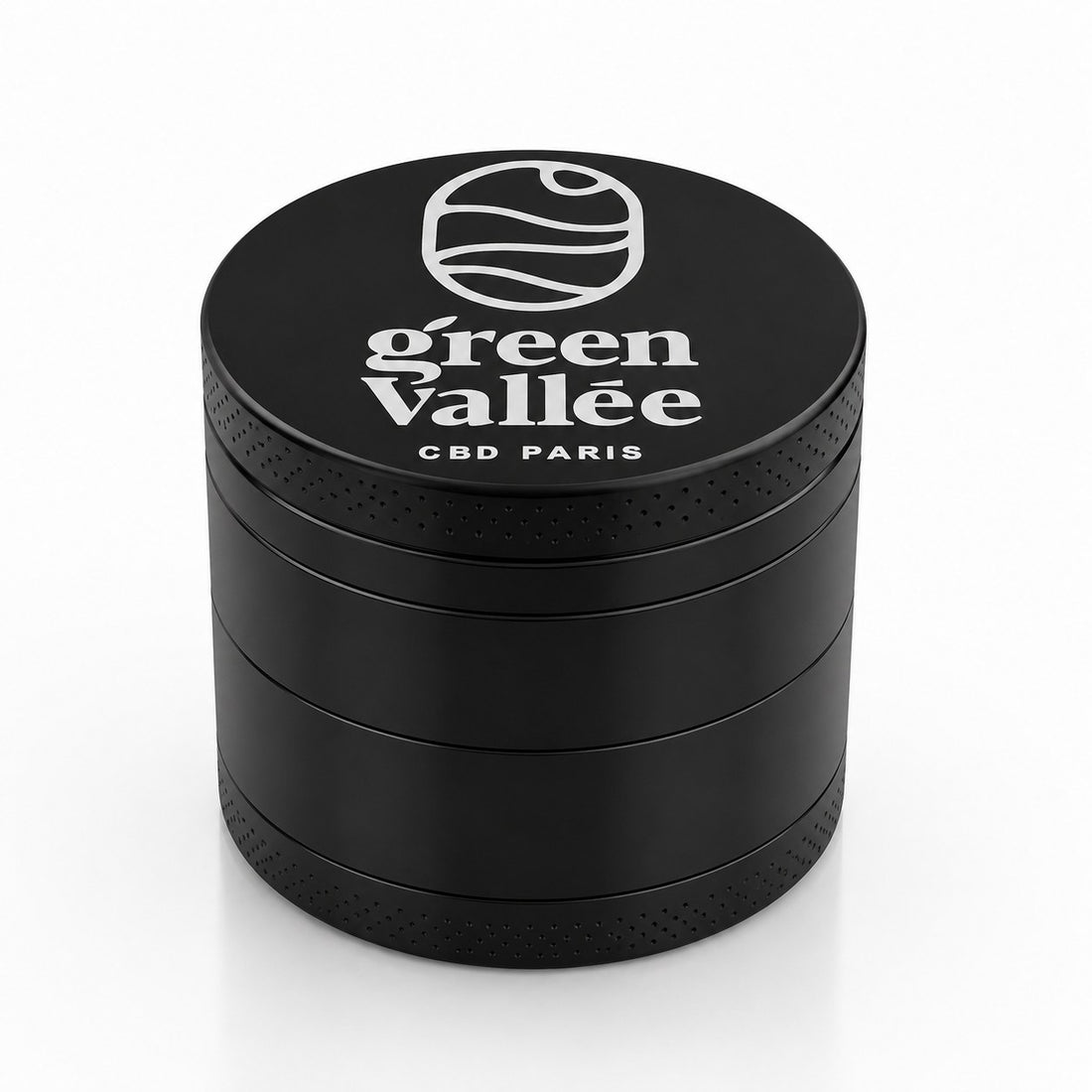 Grinder en métal noir avec récupérateur de pollen Green Vallée – broyeur 4 parties pour fleurs de CBD